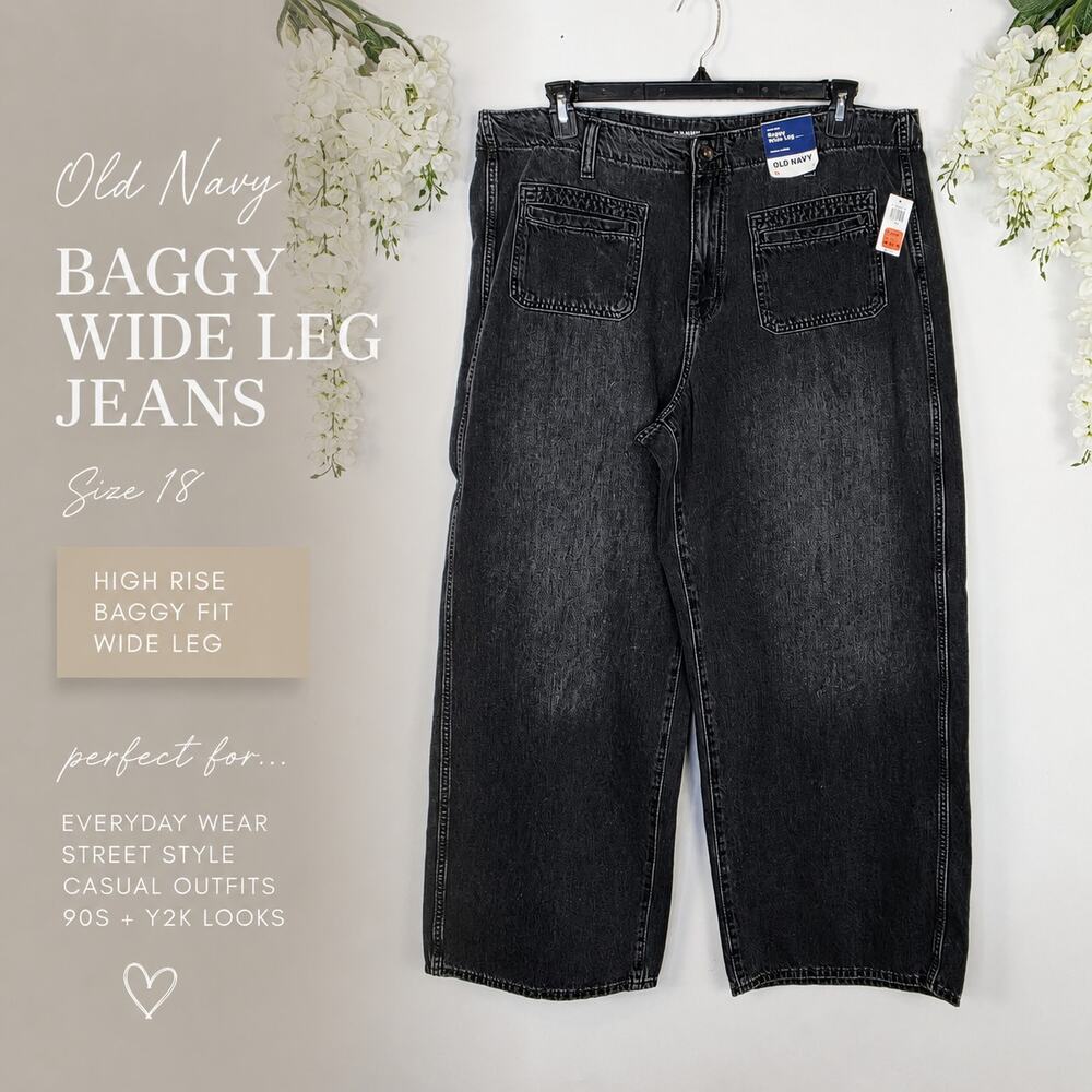 New Old Navy High Rise Baggy Wide Leg Jeans Plus Size18 Drapey Denim Black Y2K